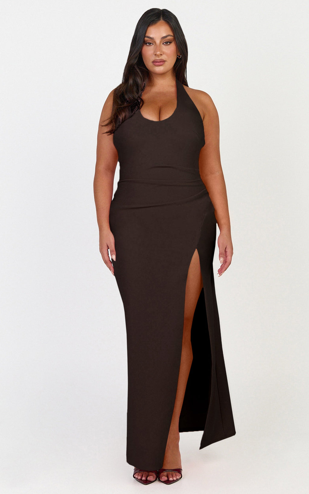 Ruby Maxi Dress - Halter Scoop Neck Low Back Bodycon Dress in Chocolate