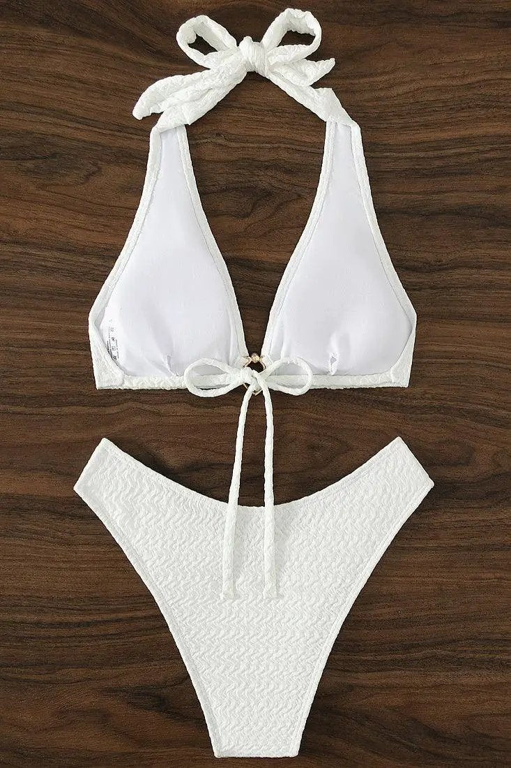 White Halter Gold Ring Pearl Cheeky 2Pc Sexy Swimsuit Bikini