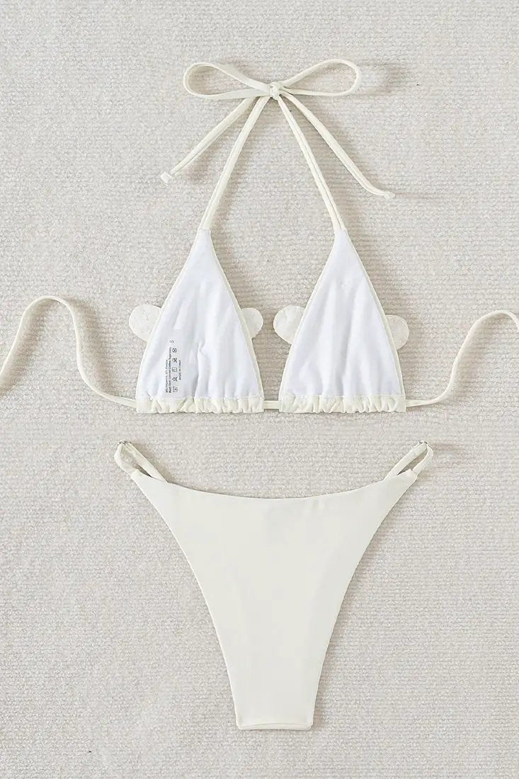 White Pearl Rhinestone 3D Flowers Sexy 2Pc Swimsuit Set