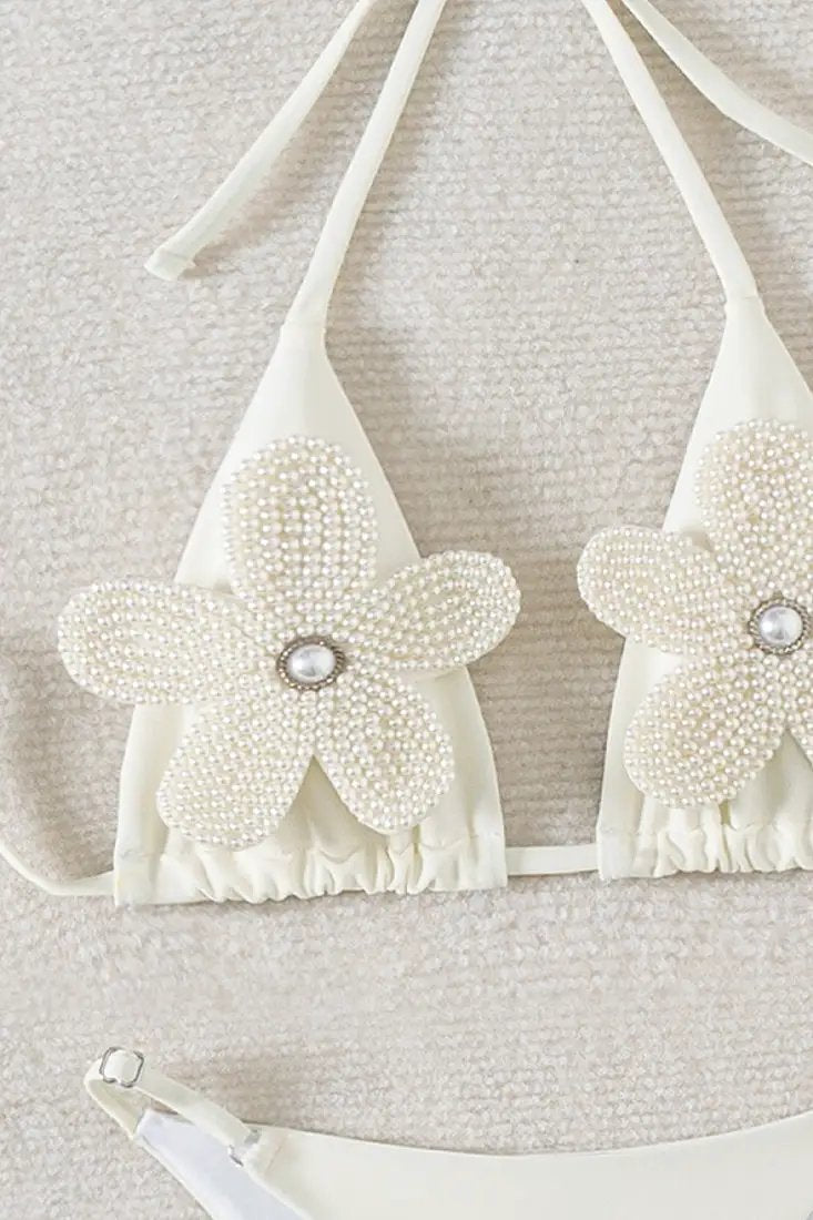 White Pearl Rhinestone 3D Flowers Sexy 2Pc Swimsuit Set