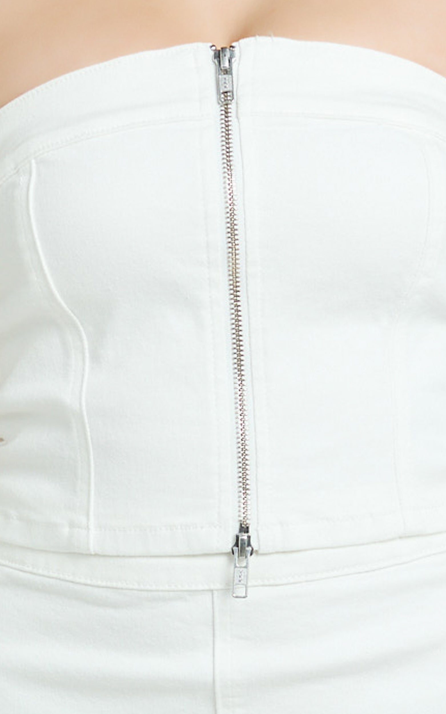 Sahara Top - Strapless Denim Front Double Zip Top in Ecru