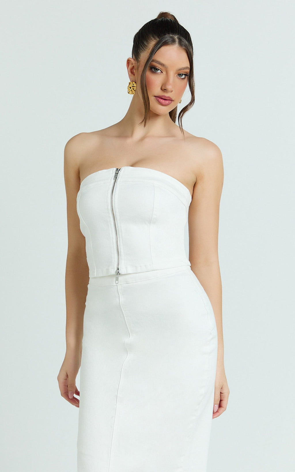 Sahara Top - Strapless Denim Front Double Zip Top in Ecru