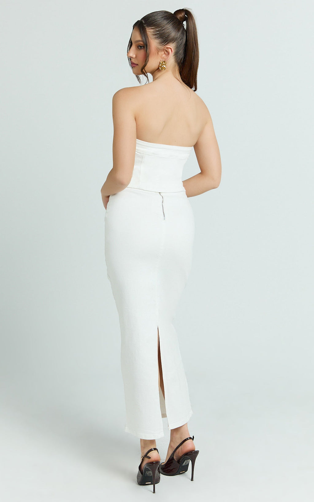 Sahara Top - Strapless Denim Front Double Zip Top in Ecru