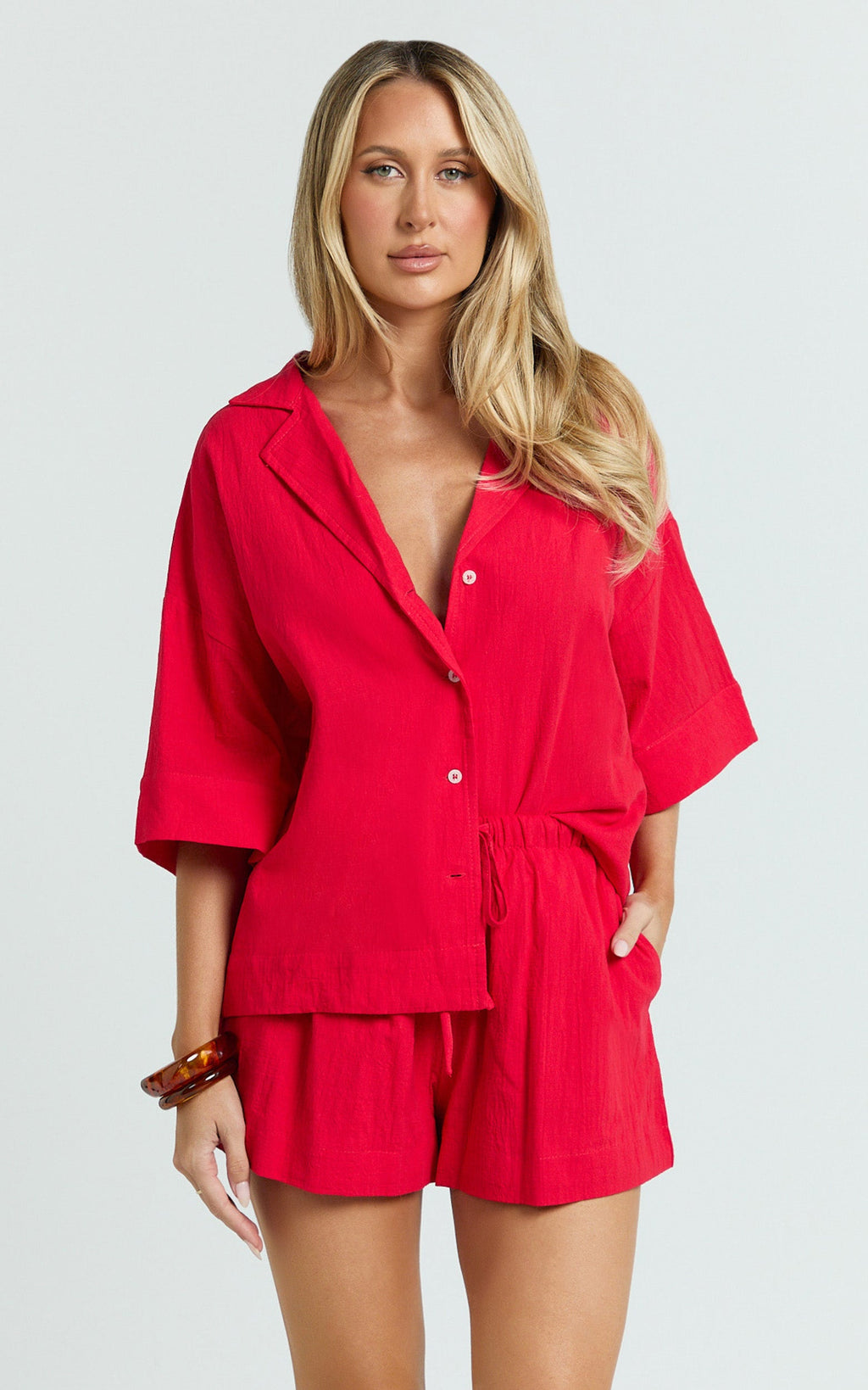 Saina Two Piece Set - Button Through Shirt and Drawstring Shorts Set in Red
