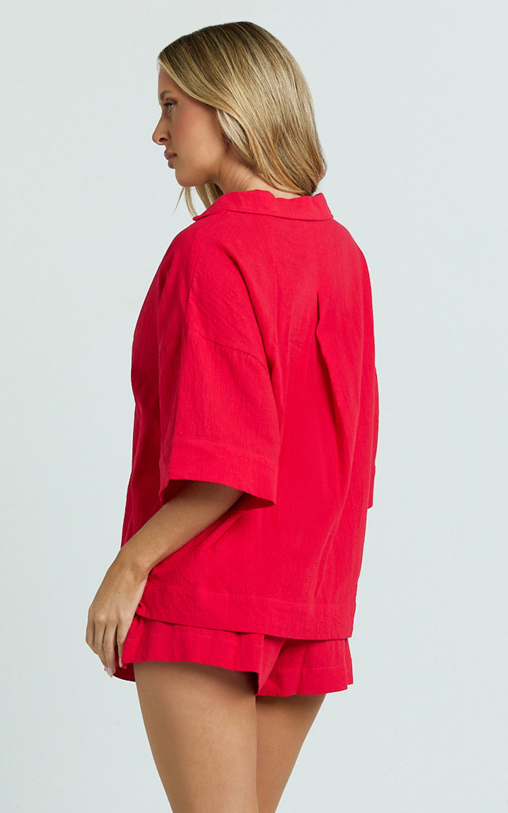 Saina Two Piece Set - Button Through Shirt and Drawstring Shorts Set in Red