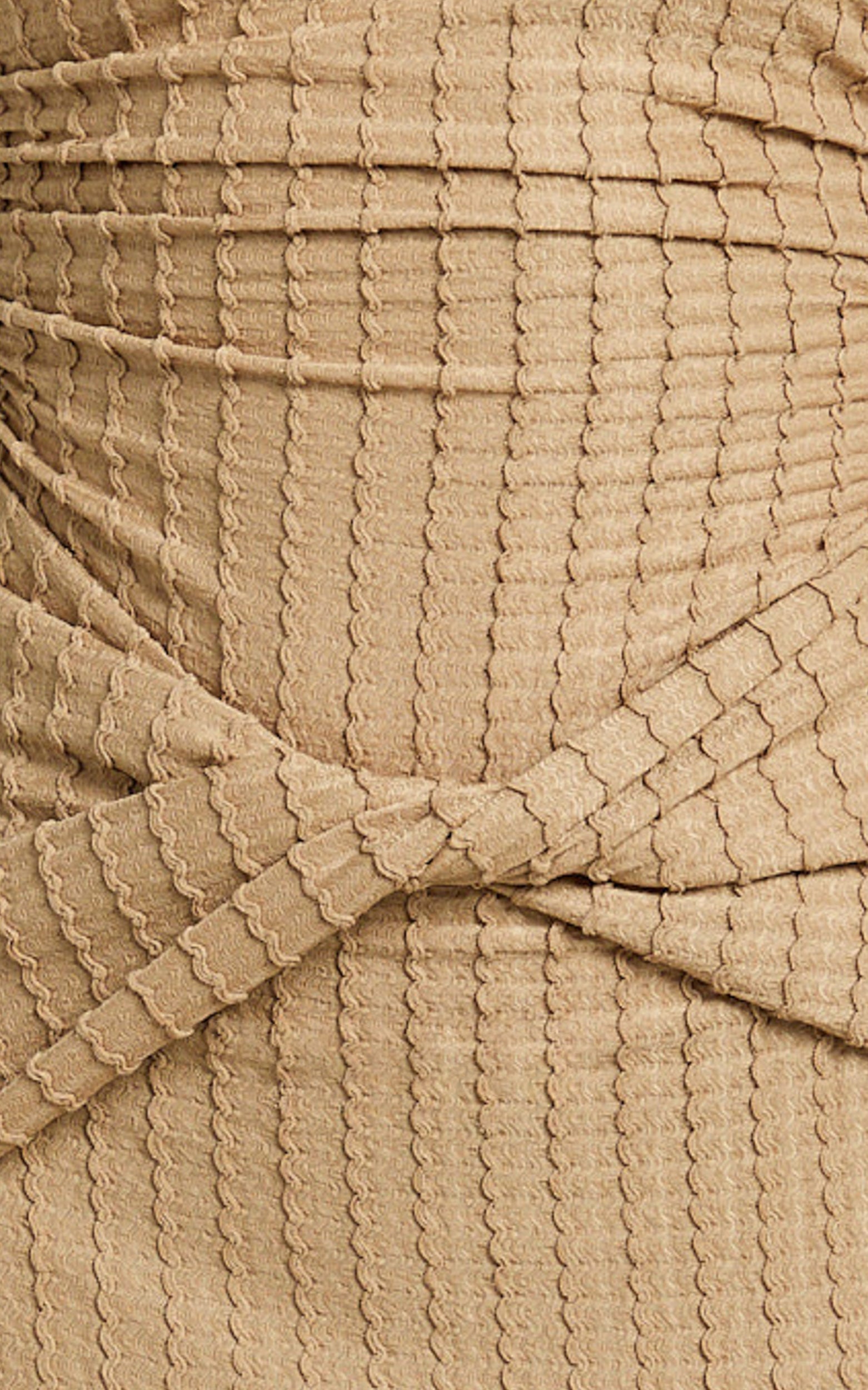 Santiago Midi Dress - Textured Jersey Strapless Twist Waist Dress in Beige
