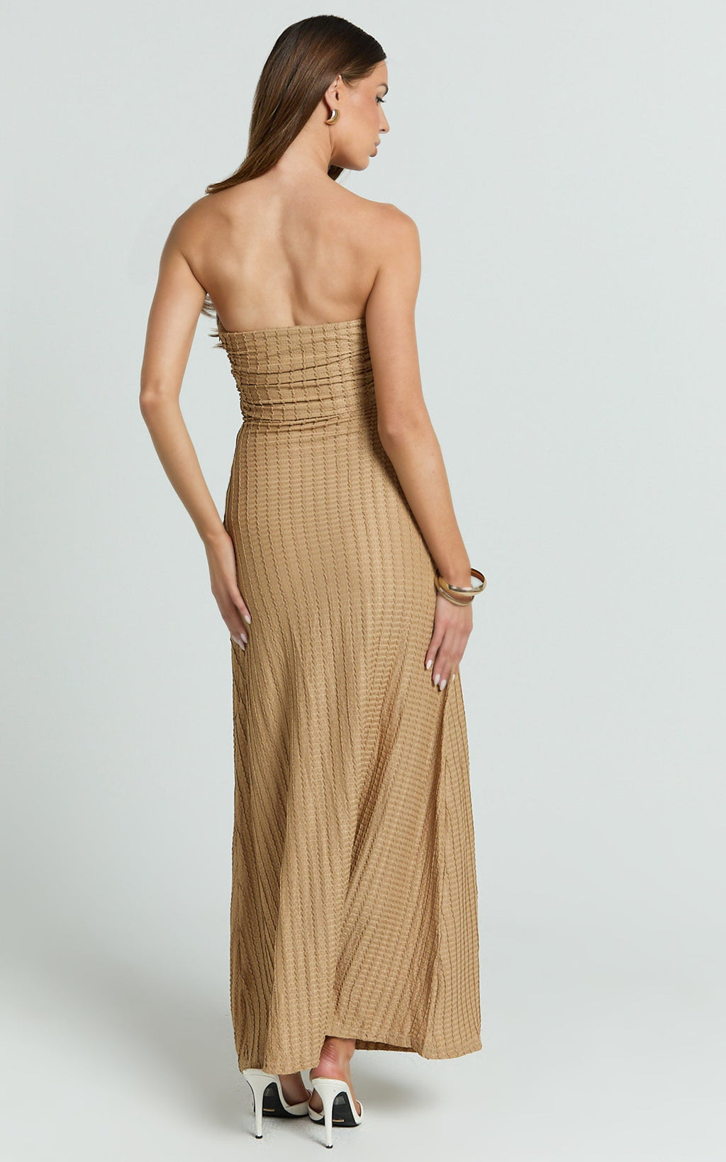 Santiago Midi Dress - Textured Jersey Strapless Twist Waist Dress in Beige