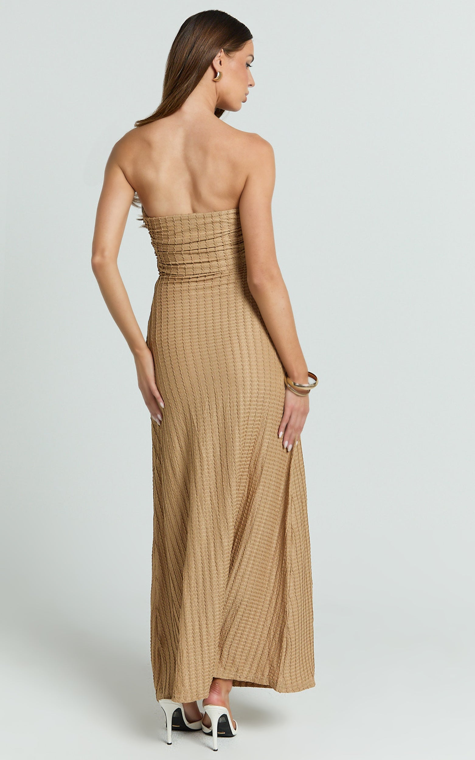 Santiago Midi Dress - Textured Jersey Strapless Twist Waist Dress in Beige