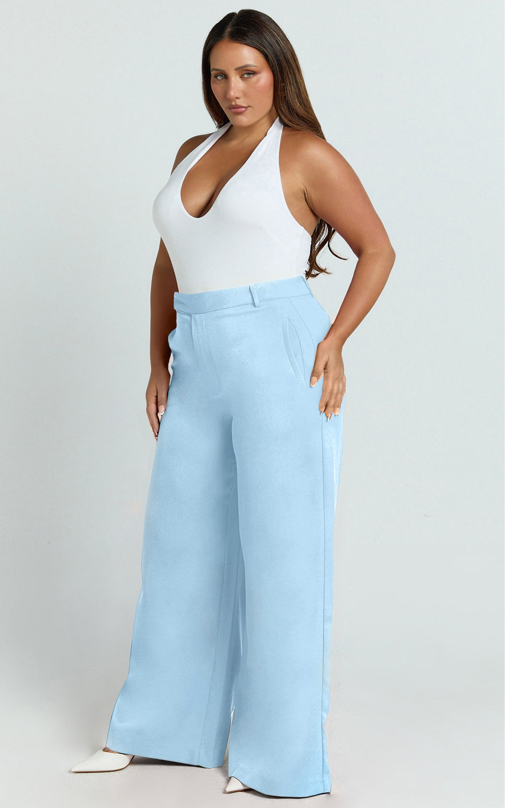 Selena Pants - High Waisted Wide Leg Tailored Pants in Baby Blue