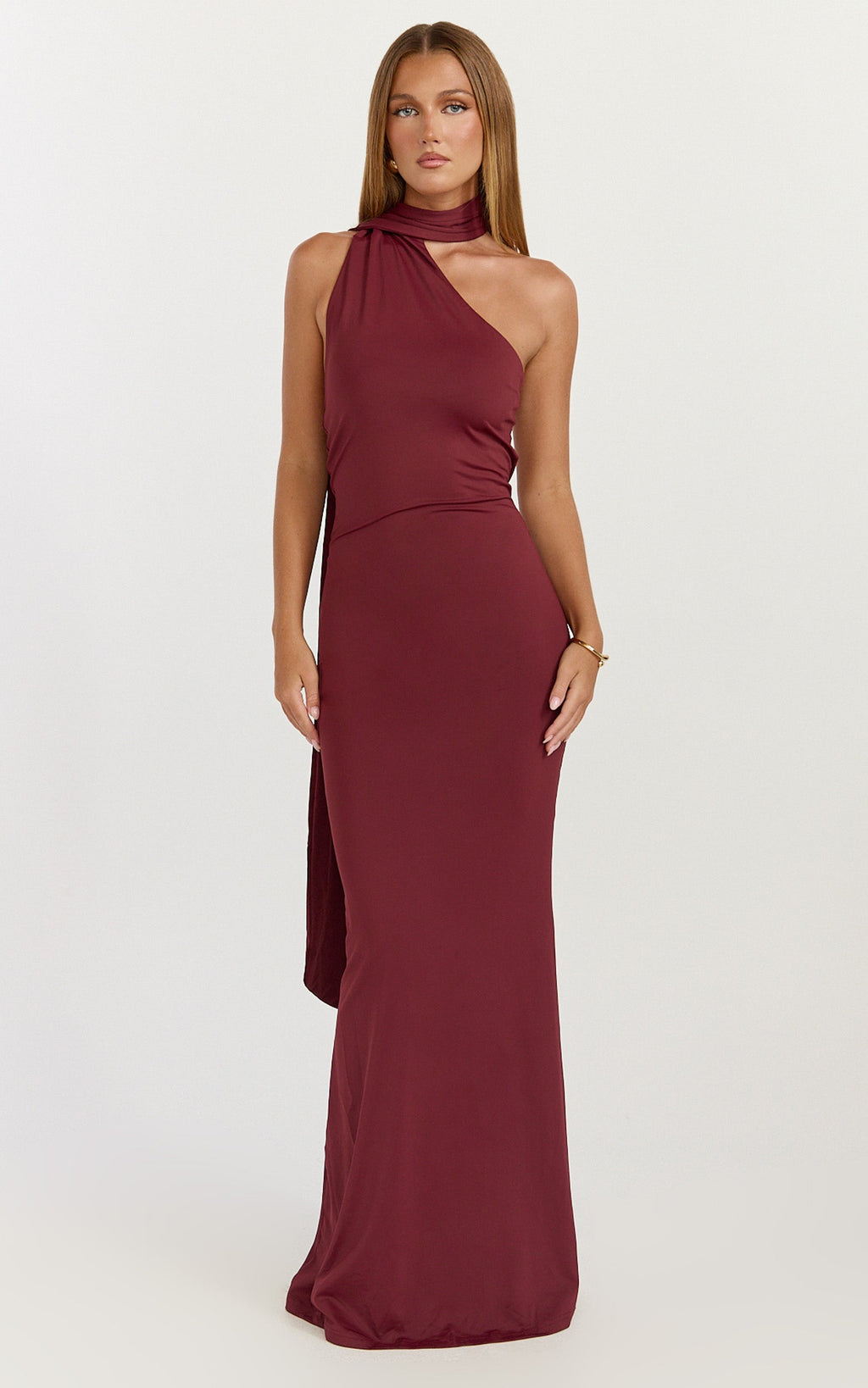 Seraphine Maxi Dress - Halter Neck Low Back Fit And Flare Dress in Wine