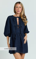 Shailene Mini Dress - Tie Front Puff Sleeve Recycled Denim Dress in Raw Indigo