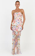 Sienna Maxi Dress - 3D Floral Strapless Column Dress in Multi
