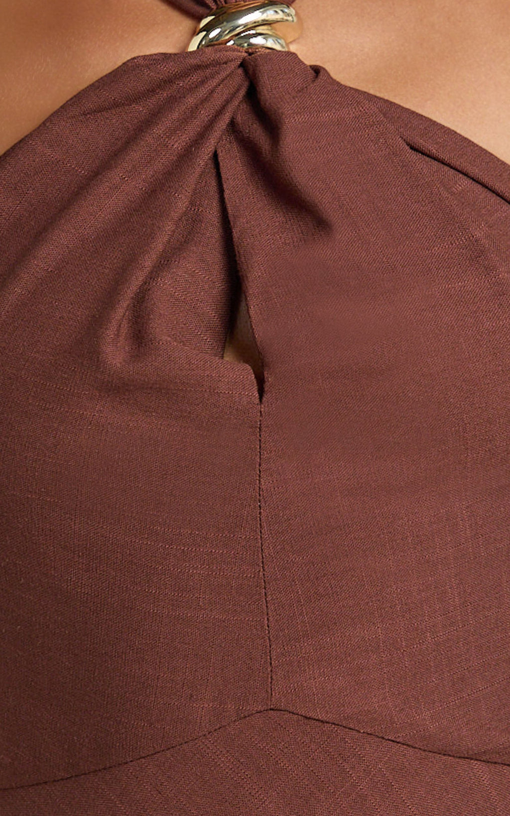 Sittie Mini Dress - Halterneck Linen Gold Trim A Line Dress in Chocolate