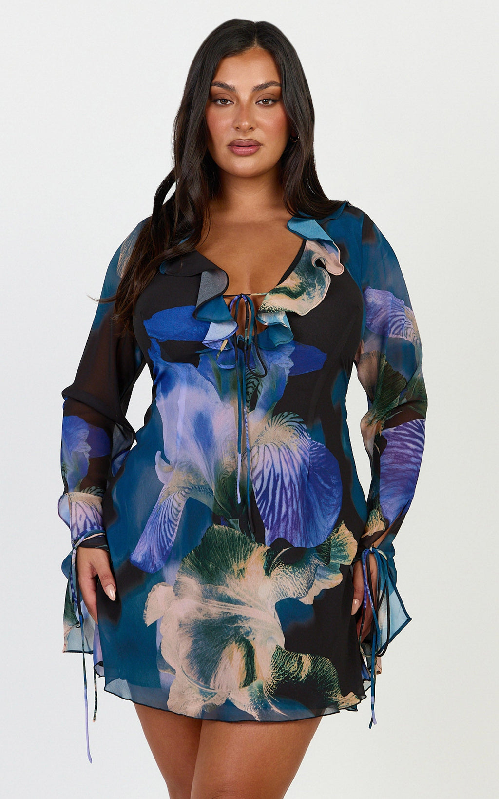 Solara Mini Dress - Long Sleeve Tie Front Dress in Midnight Resort Orchid Print