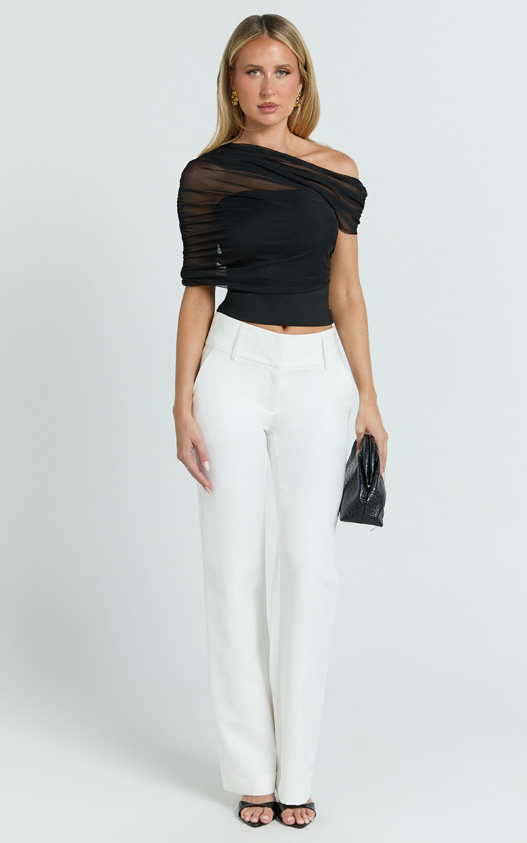 Sophia Top - Draped One Shoulder Mesh Overlay Top in Black