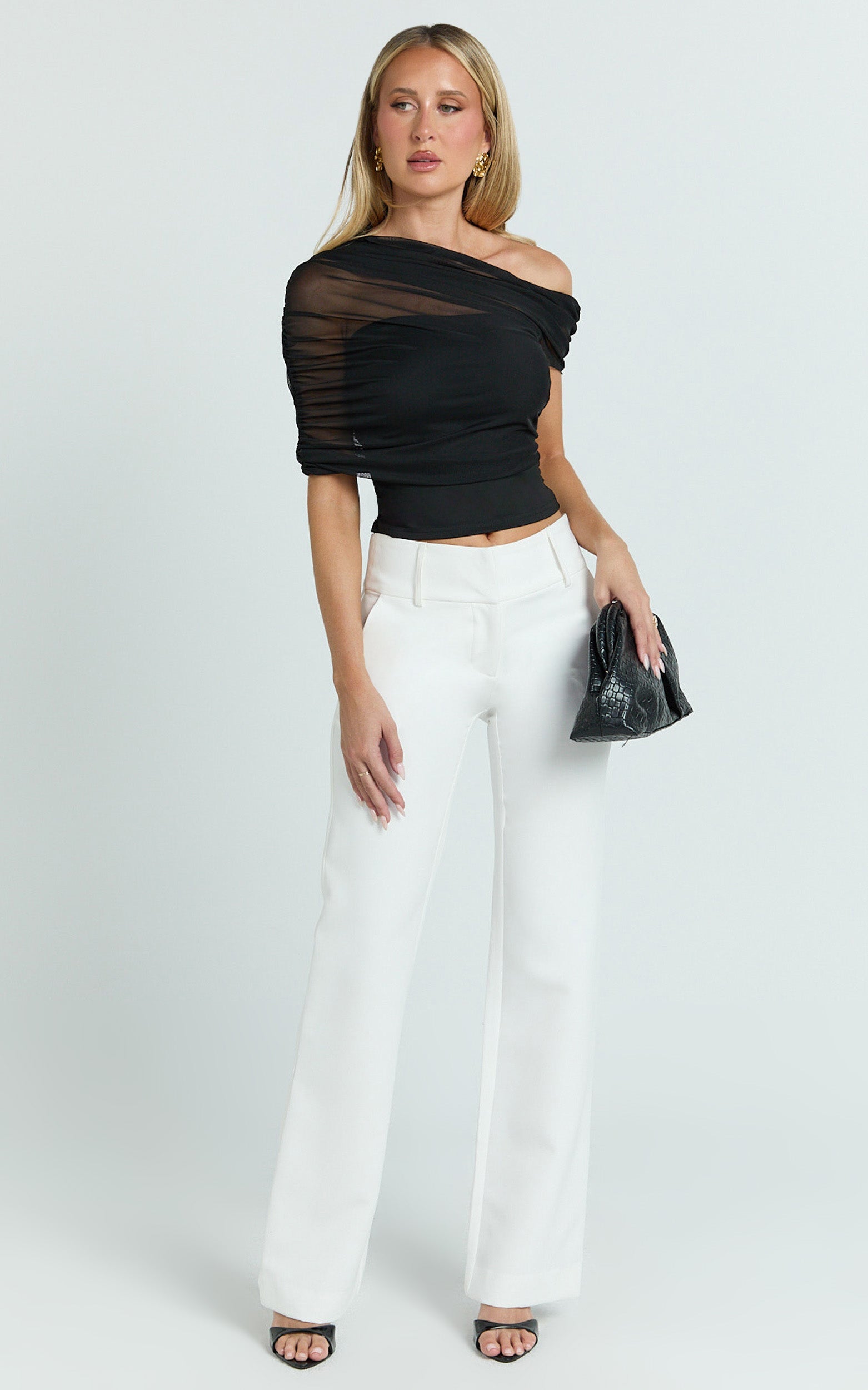 Sophia Top - Draped One Shoulder Mesh Overlay Top in Black