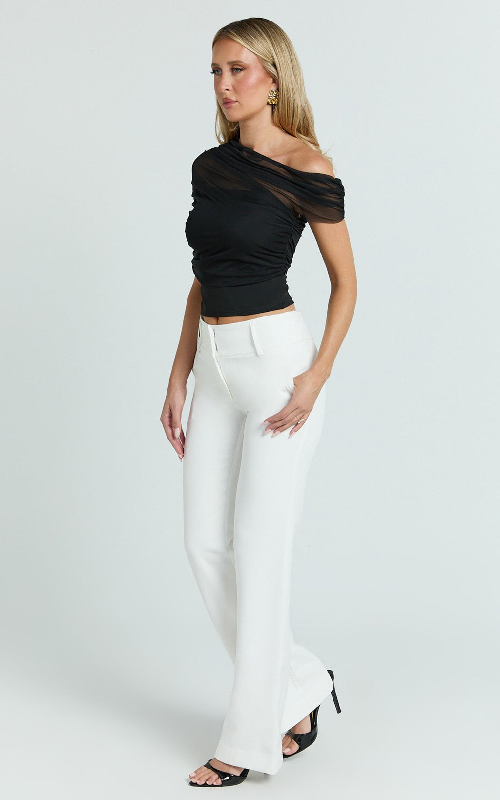 Sophia Top - Draped One Shoulder Mesh Overlay Top in Black