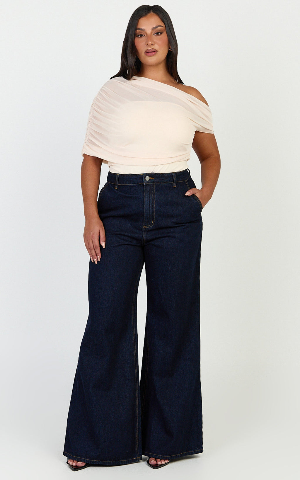 Sophia Top - Draped One Shoulder Mesh Overlay Top in Cream