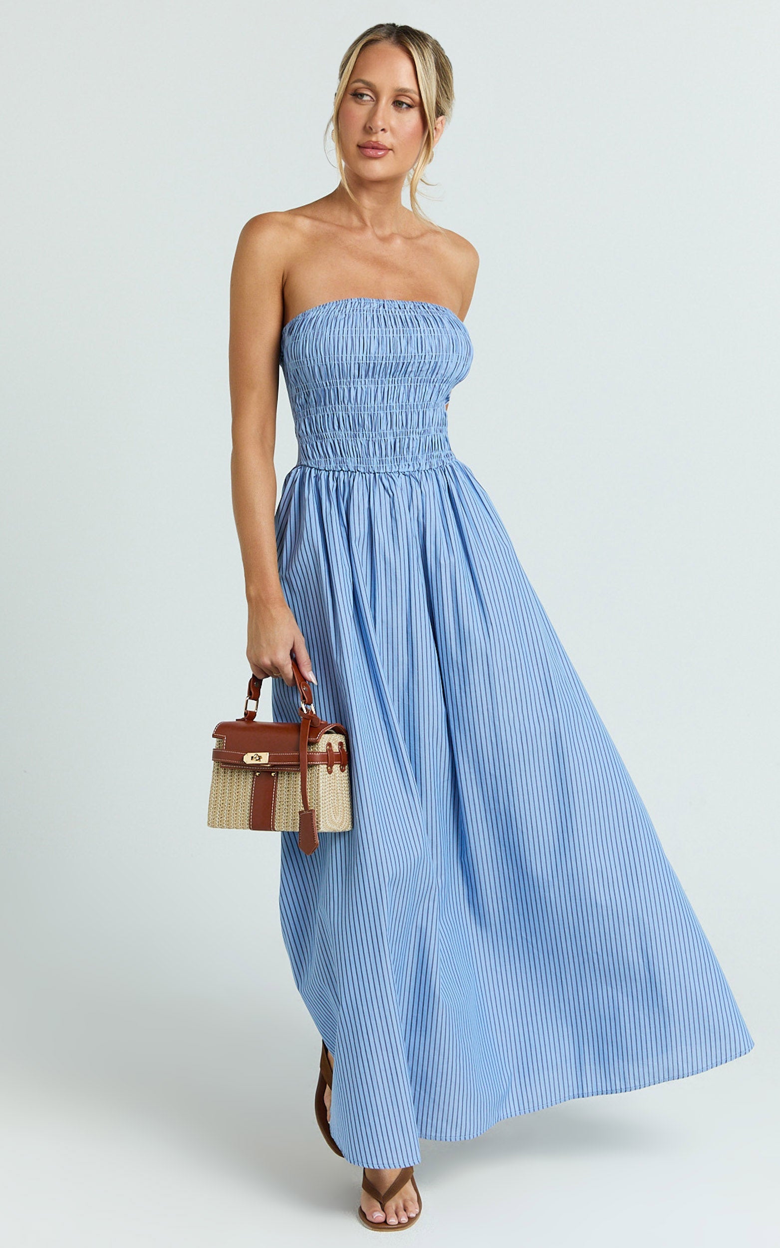 Swanson Midi Dress - Strapless Smocked Dress in Blue Stripe