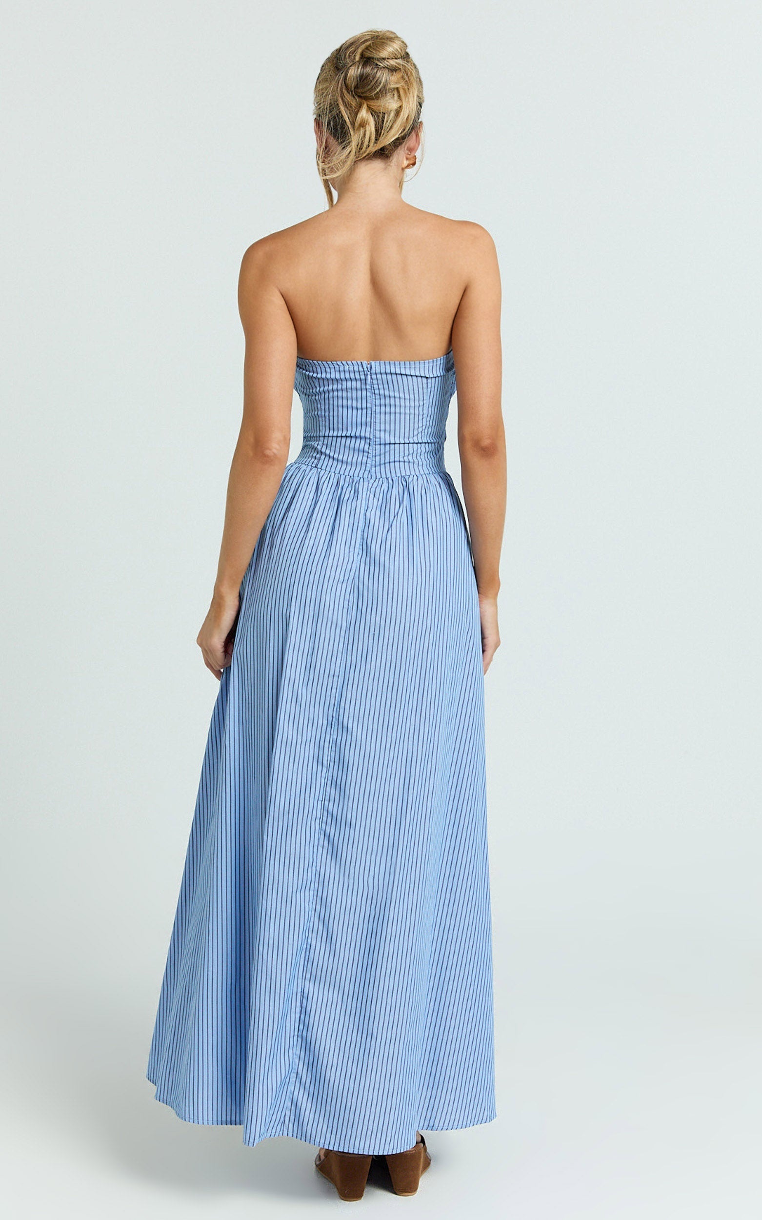Swanson Midi Dress - Strapless Smocked Dress in Blue Stripe