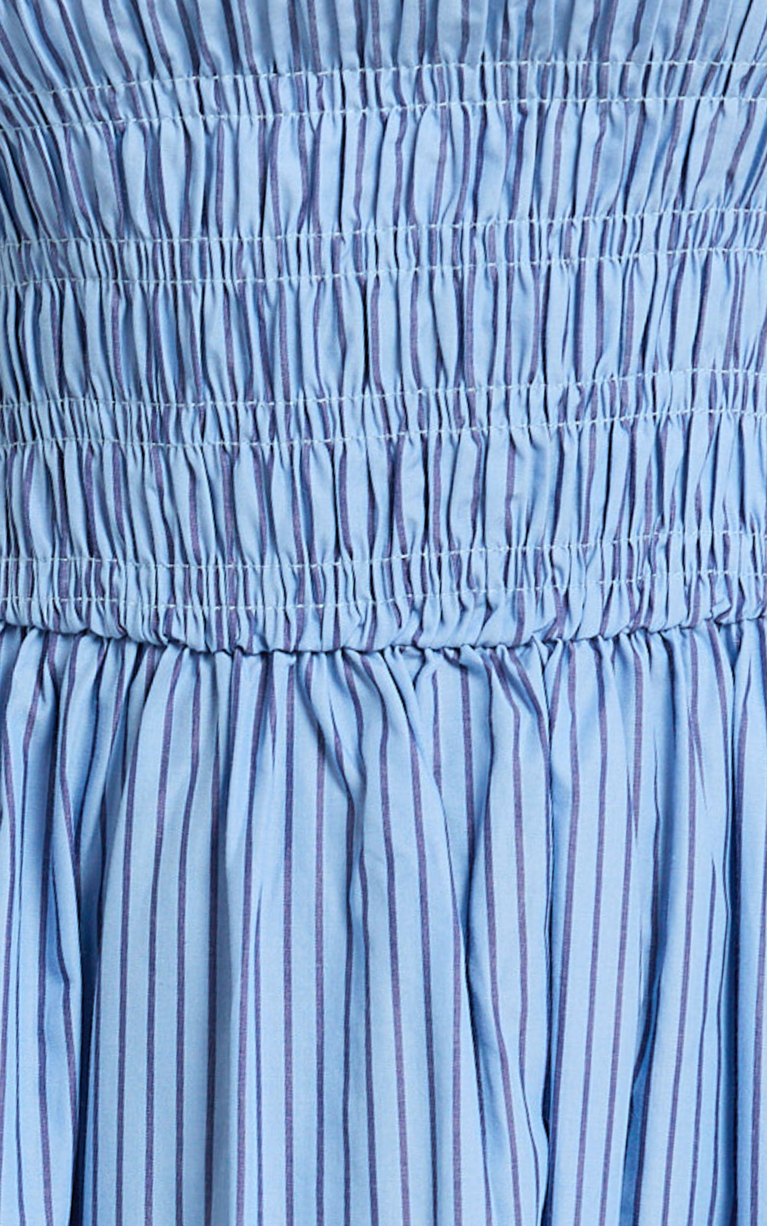Swanson Midi Dress - Strapless Smocked Dress in Blue Stripe