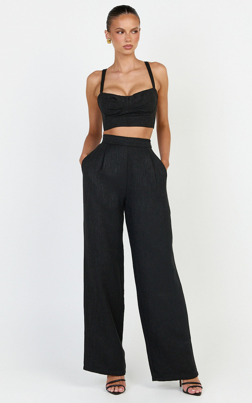 Sylvia Two Piece Set - Corset Top and High Waisted Wide Leg Pants Set in Black