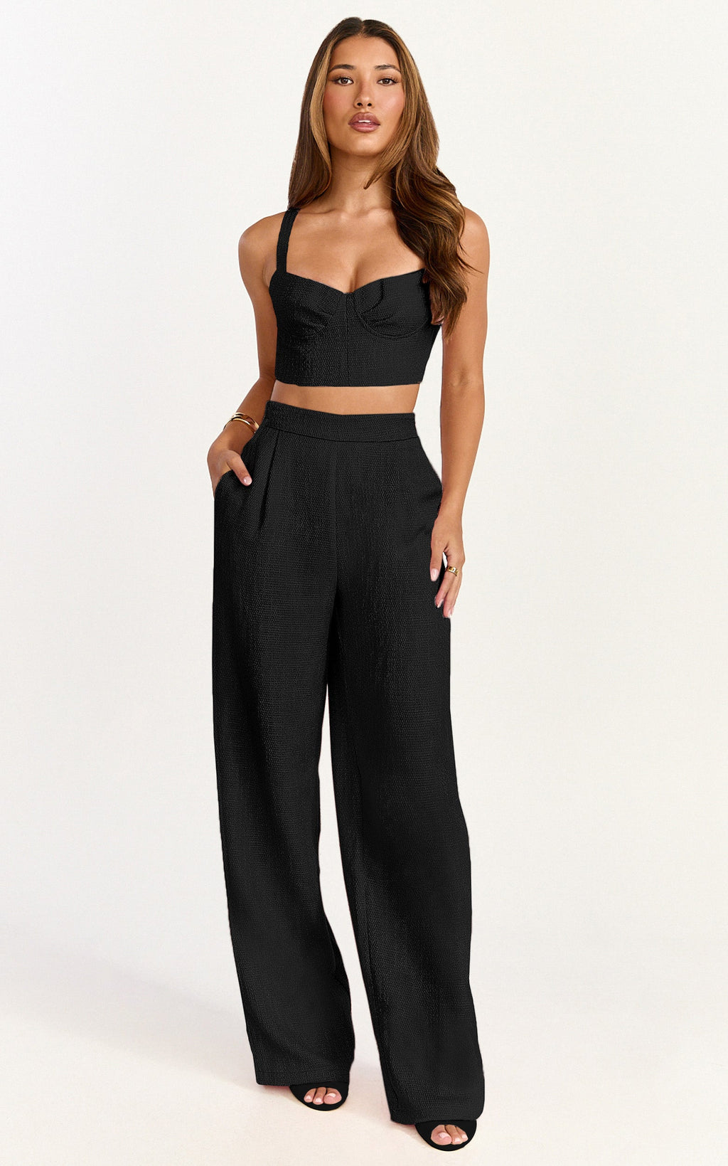 Sylvia Two Piece Set - Corset Top and High Waisted Wide Leg Pants Set in Black