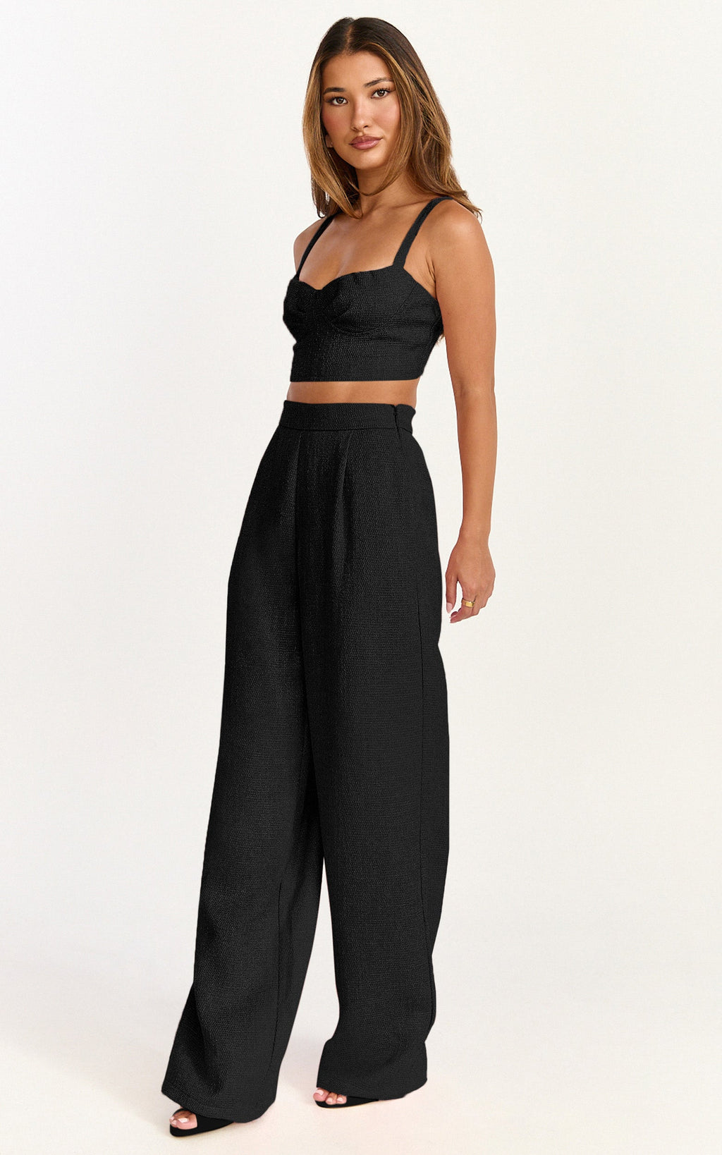 Sylvia Two Piece Set - Corset Top and High Waisted Wide Leg Pants Set in Black