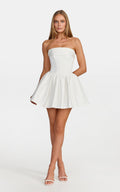 Lana Mini Dress - Ruched Bust Fit And Flare Strapless Corset Bodice Dress With Lace Up Back in White