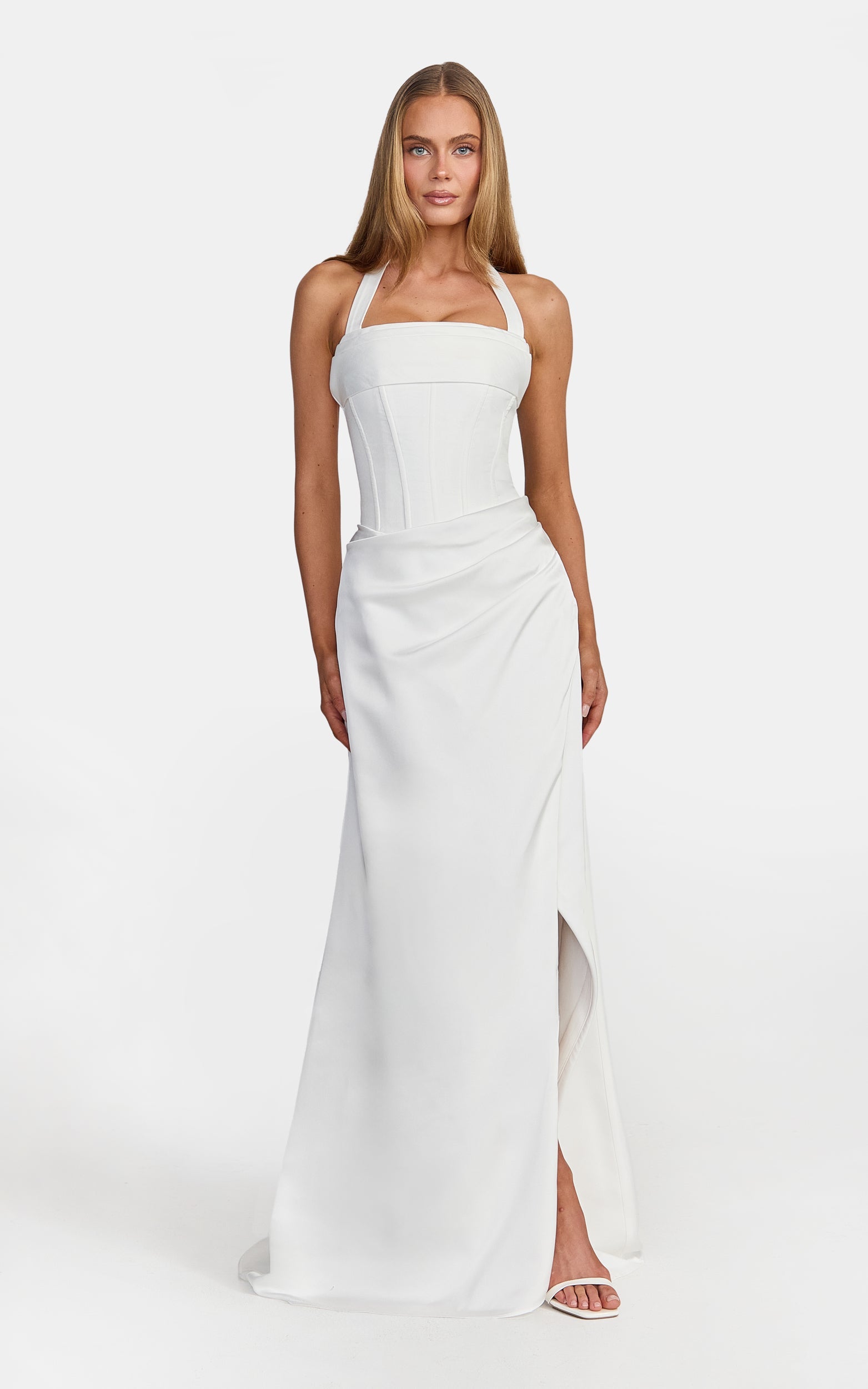Amber Maxi Dress - Corset Bodice Draped Skirt Halter Dress in White