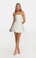 Rosalie Mini Dress - Strapless Jacquard Floral Mini Dress in White