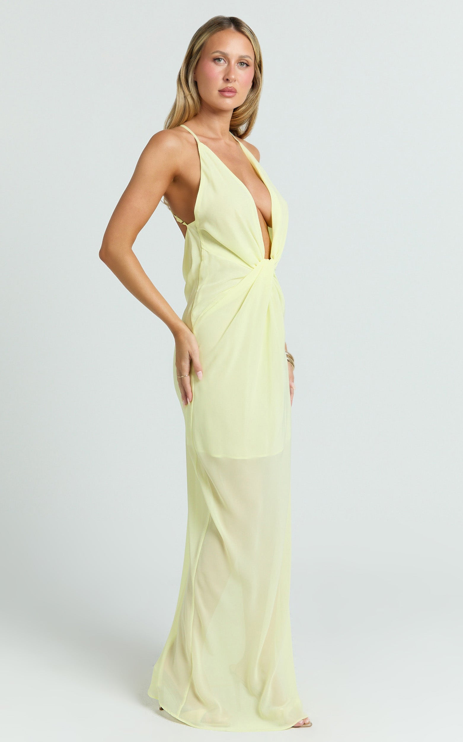 Tamara Maxi Dress - Plunge Neck Ruched Open Back Dress in Lemon