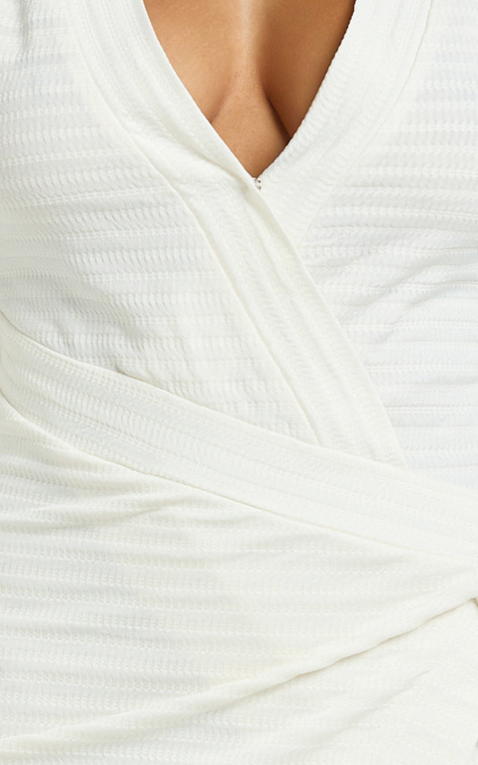 Tarah Mini Dress - Wrap Front Twist Trim Knit Dress in Ivory