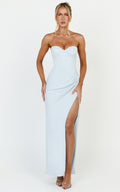 Tasha Midi Dress - Strapless Ruched Bodice Leg Split Dress in Blue