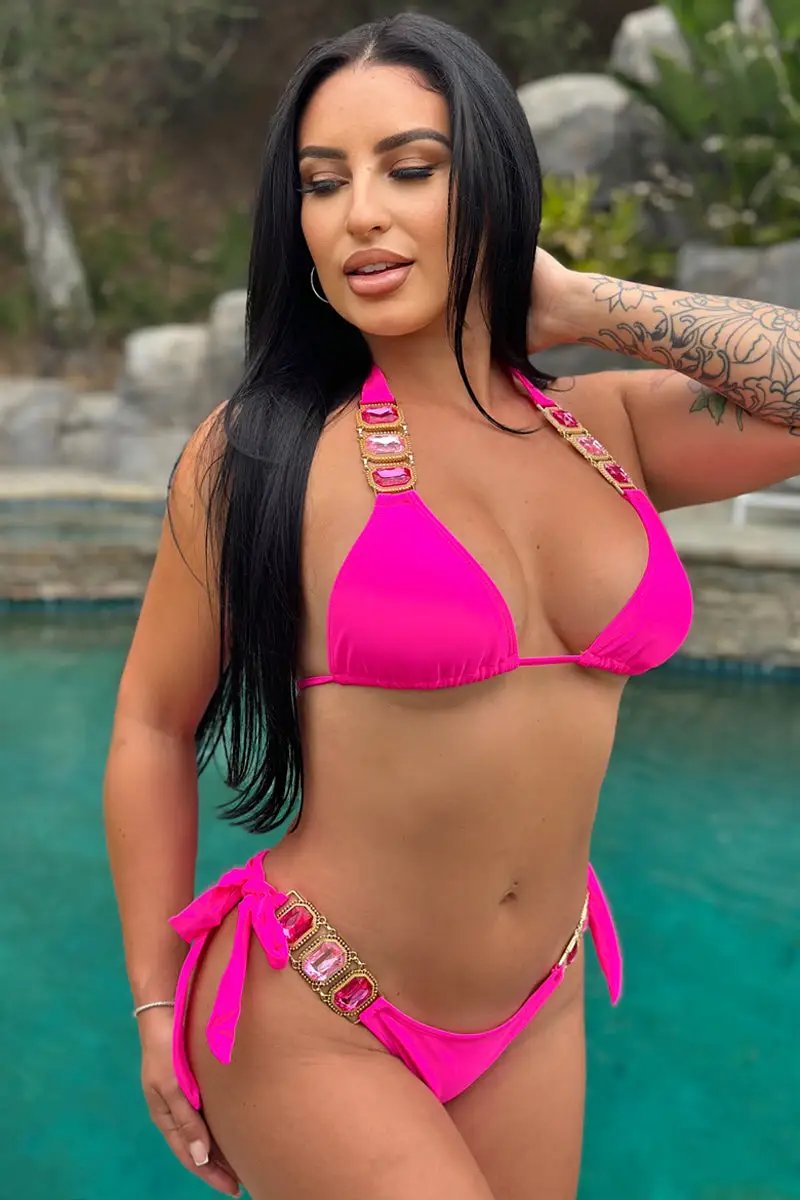 Fuchsia Rhinestone Gem Halter Ruched Back Cheeky Sexy 2Pc Swimsuit Set BIkini