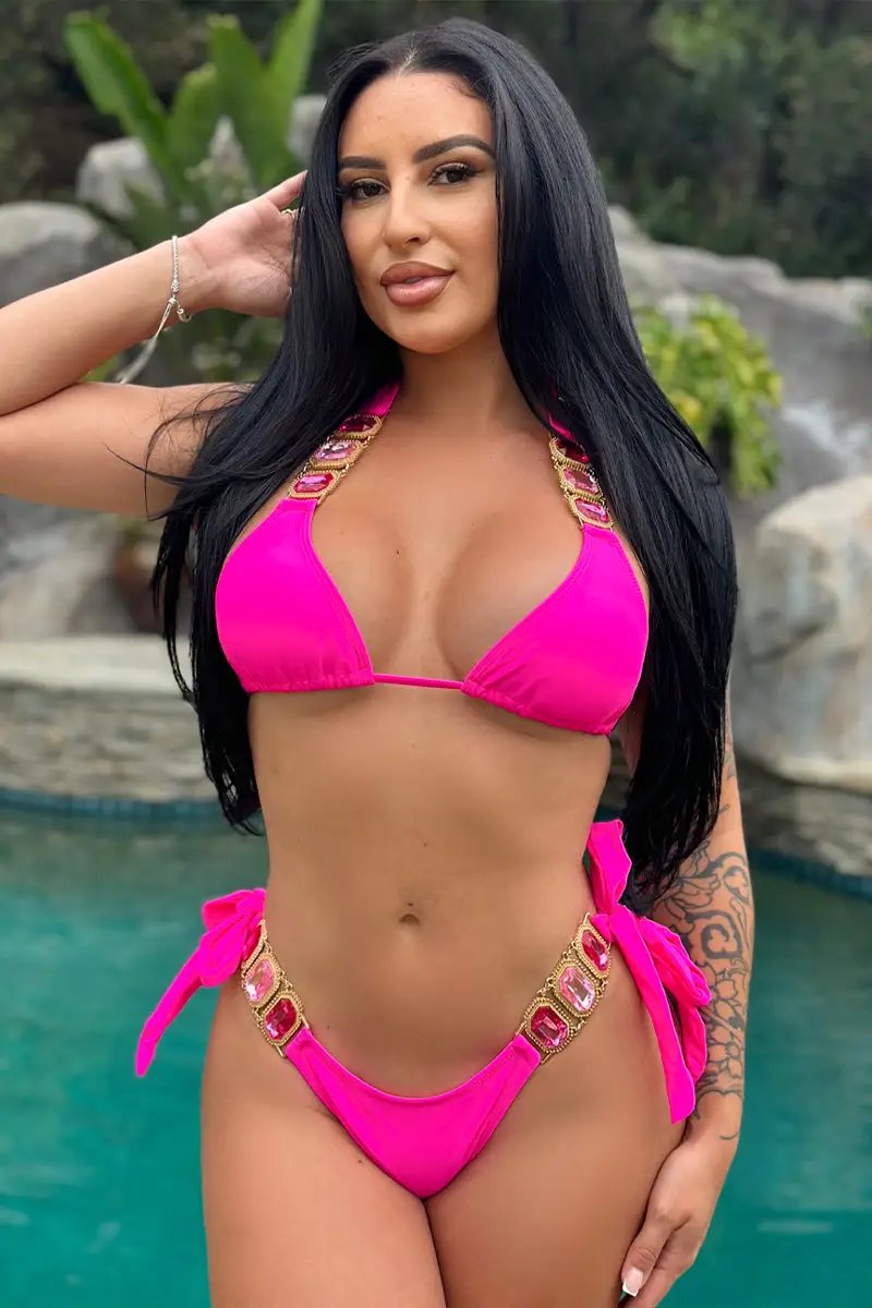 Fuchsia Rhinestone Gem Halter Ruched Back Cheeky Sexy 2Pc Swimsuit Set BIkini