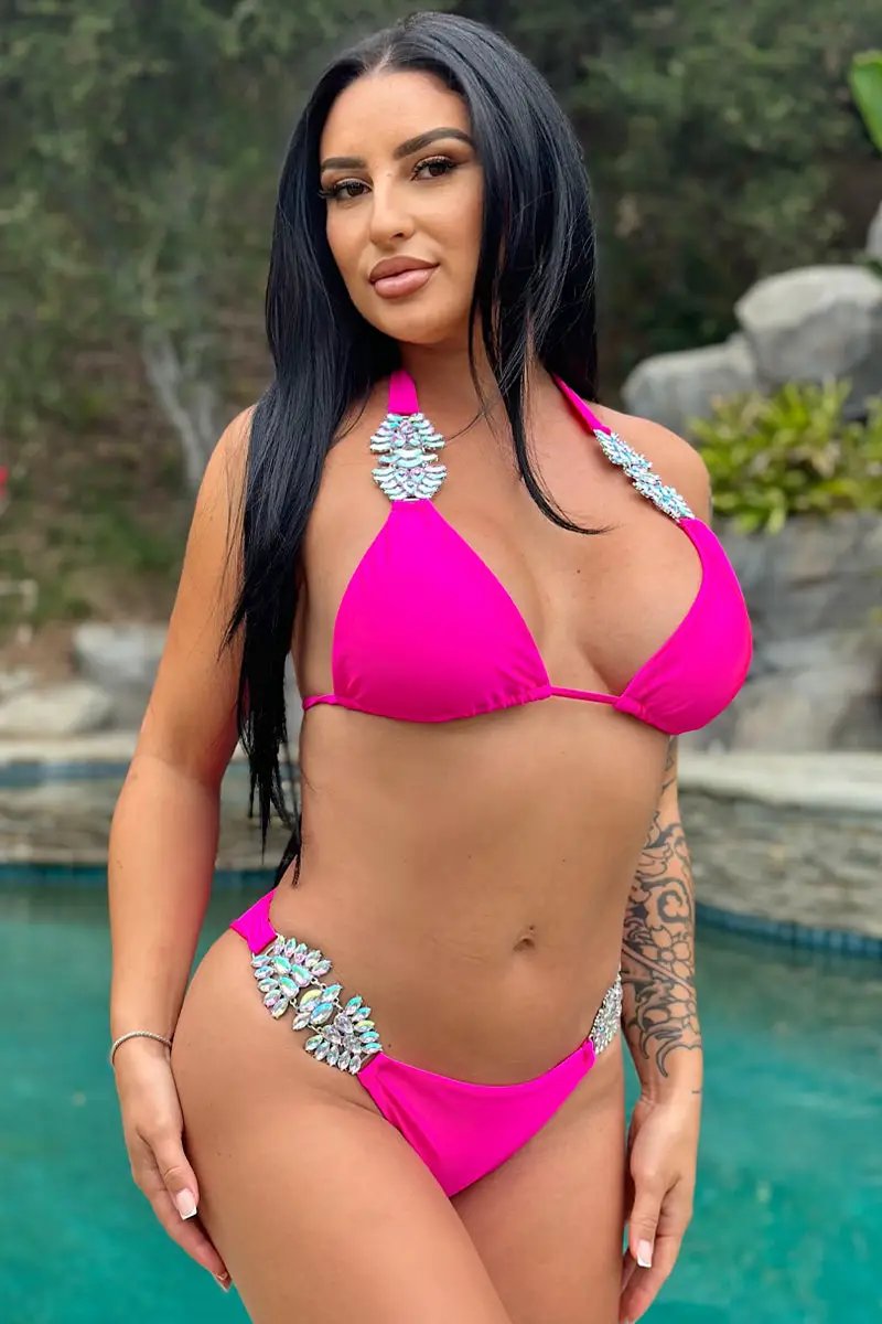 Pink Silky Big Rhinestone Decor Ruched Back Sexy 2Pc Swimsuit Set Bikini