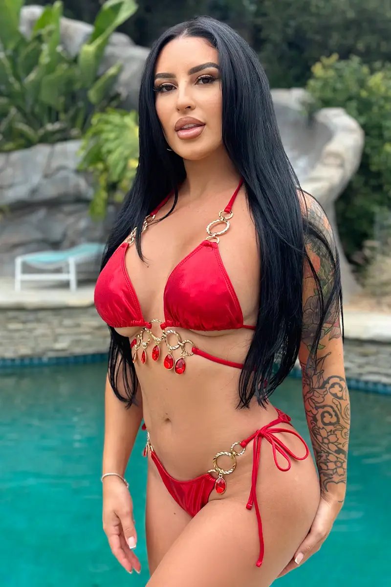 Red Metallic Strappy Dangling Rhinestone Ruched Back Sexy 2Pc Swimsuit Bikini