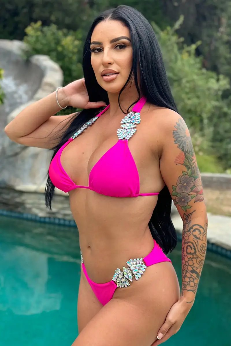 Pink Silky Big Rhinestone Decor Ruched Back Sexy 2Pc Swimsuit Set Bikini