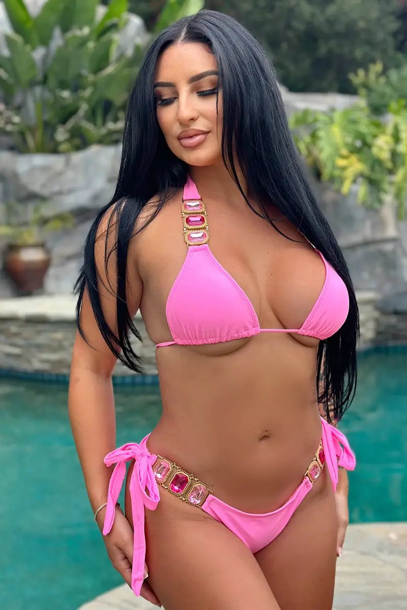 Pink Rhinestone Gem Halter Ruched Back Cheeky Sexy 2Pc Swimsuit Set BIkini