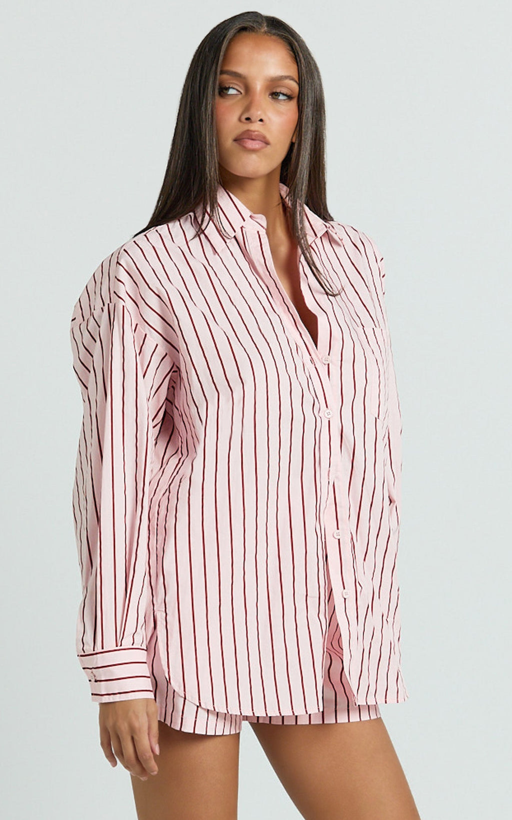 Tristan Top - Oversized Button Down Long Sleeve Striped Shirt in Pink