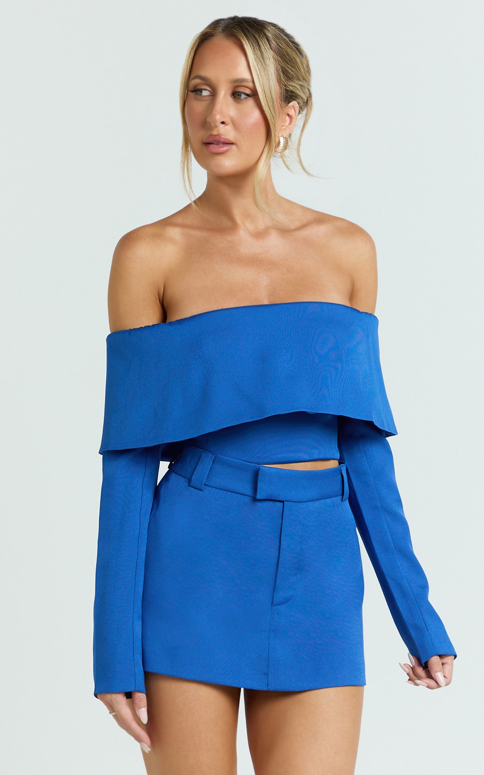 Ursula Top - Long Sleeve Off Shoulder Cropped Top in Cobalt
