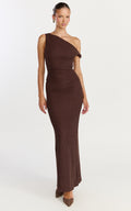 Veda Maxi Dress - Asymmetric One Shoulder Ruched Maxi Dress in Chocolate