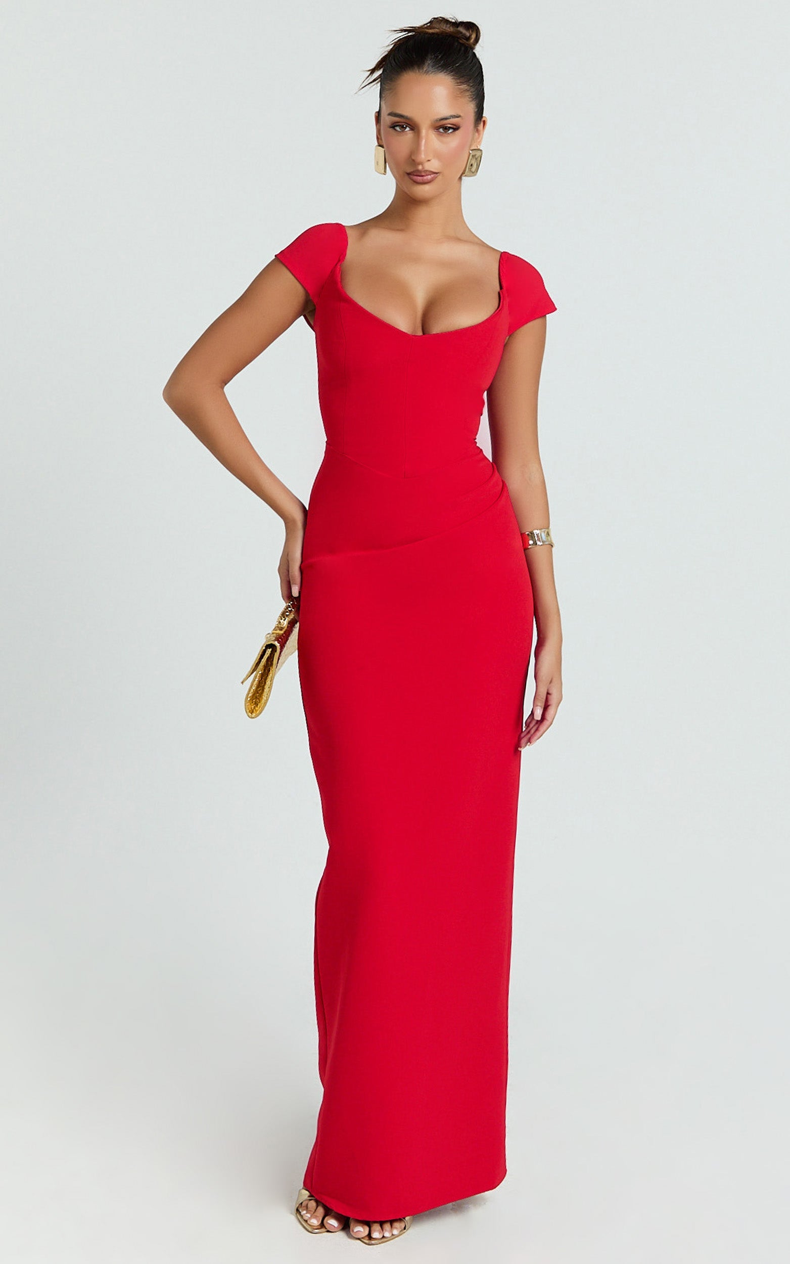 Veronika Maxi Dress - Off Shoulder Plunge High Split Dress in Red