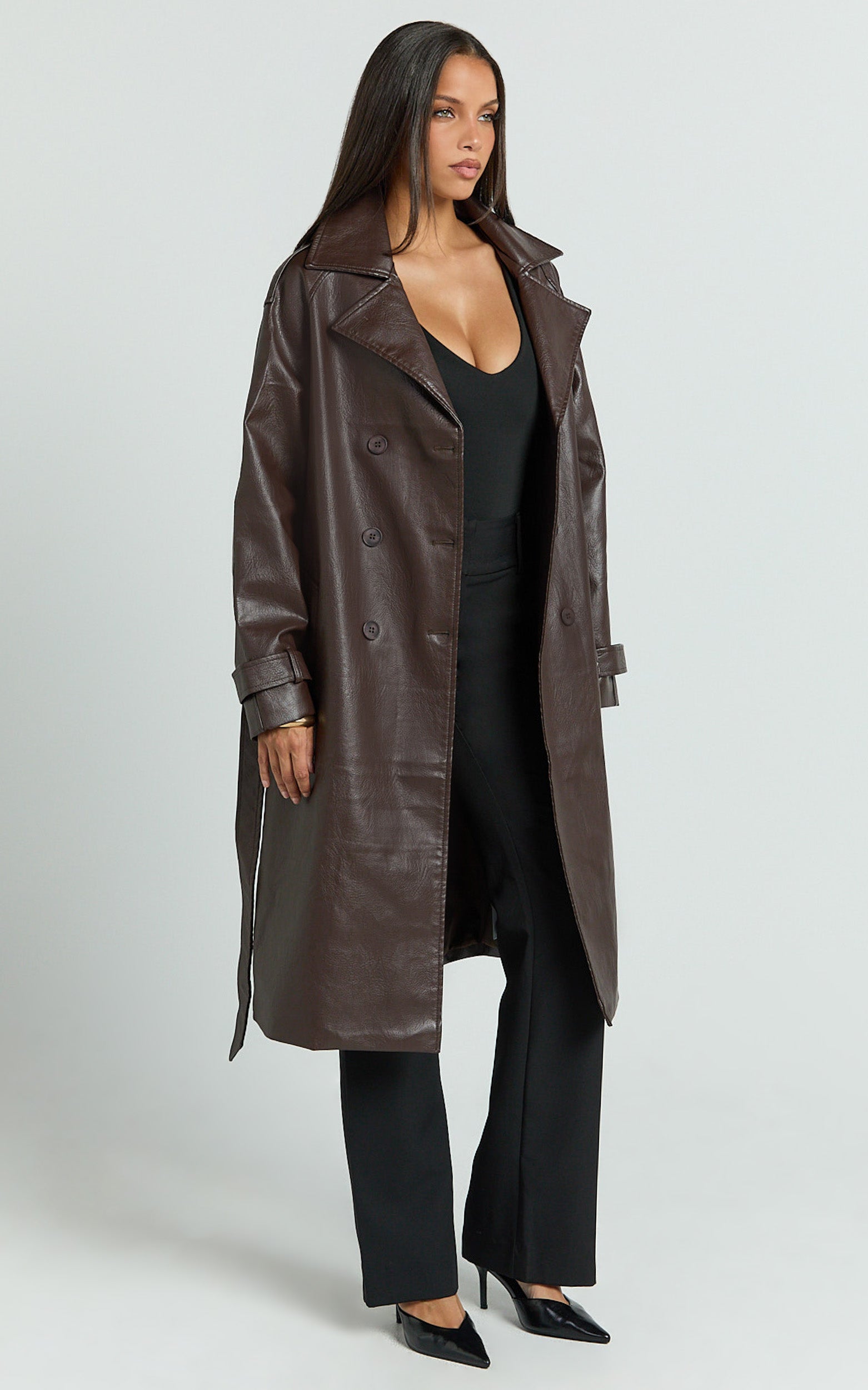 Vicki Trench Coat - Faux Leather Washed Trench Coat in Chocolate