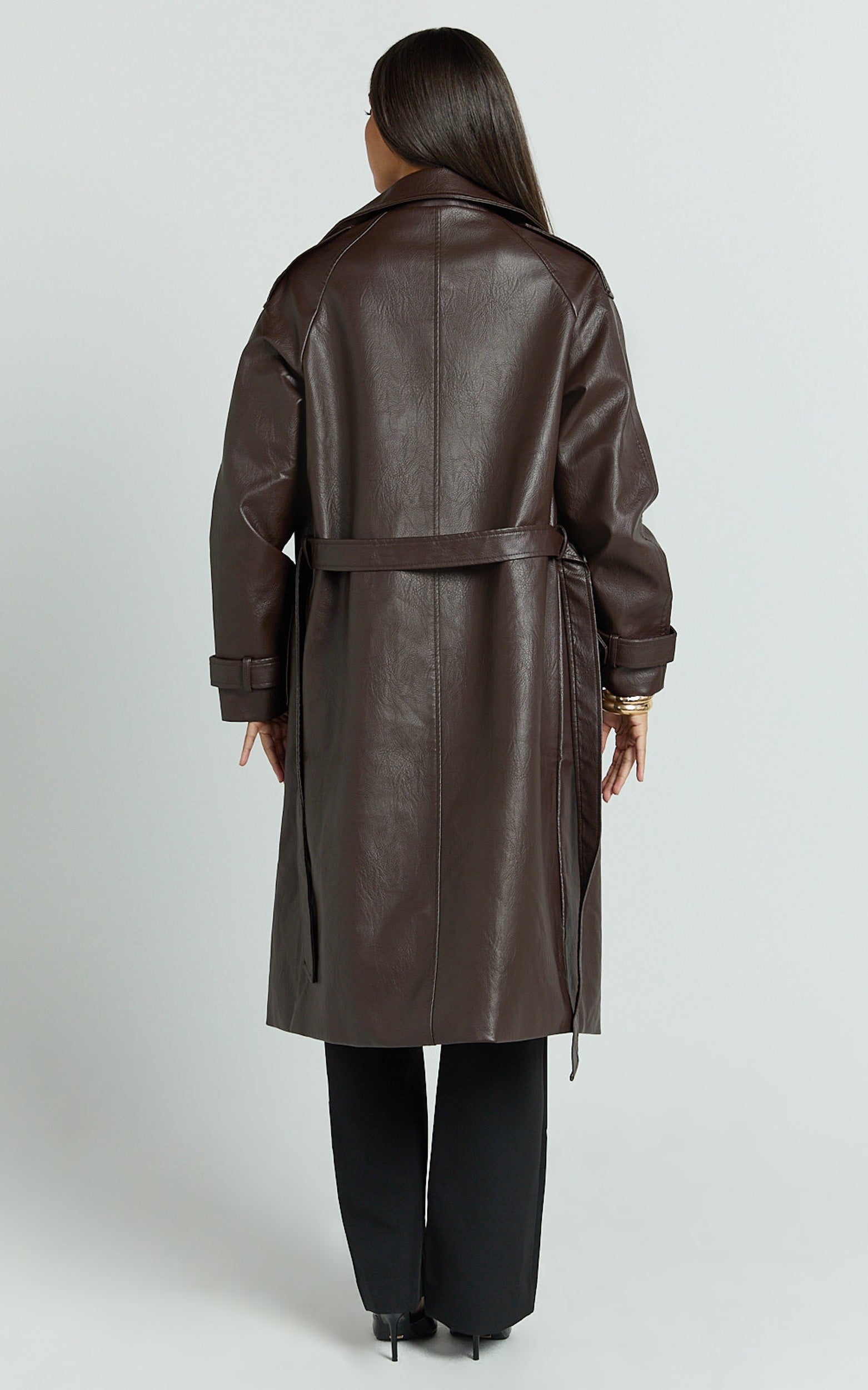 Vicki Trench Coat - Faux Leather Washed Trench Coat in Chocolate