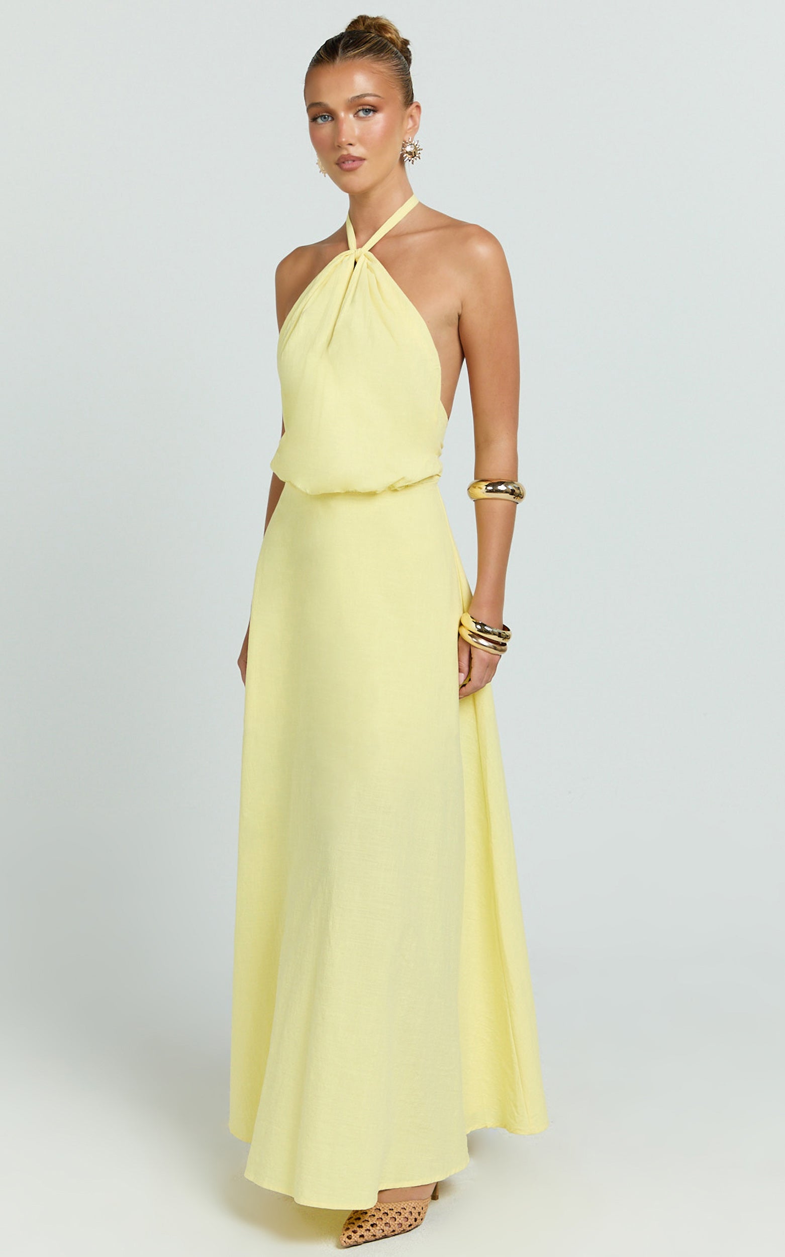 Violetta Maxi Dress - Backless Linen Look Hater Neck Dress in Lemon