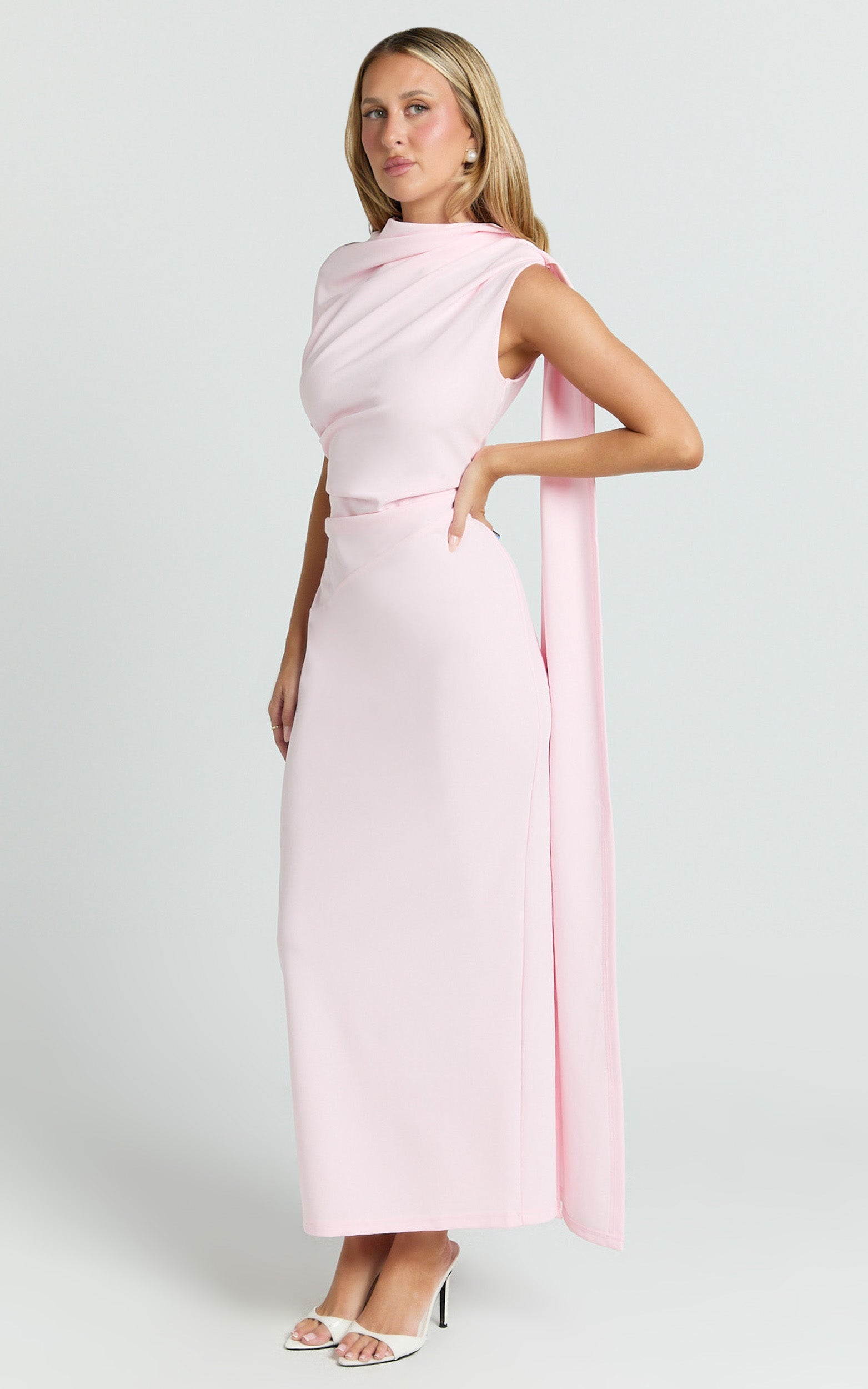 Visenta Midi Dress - Asymmetrical Sleeve Dress in Pink