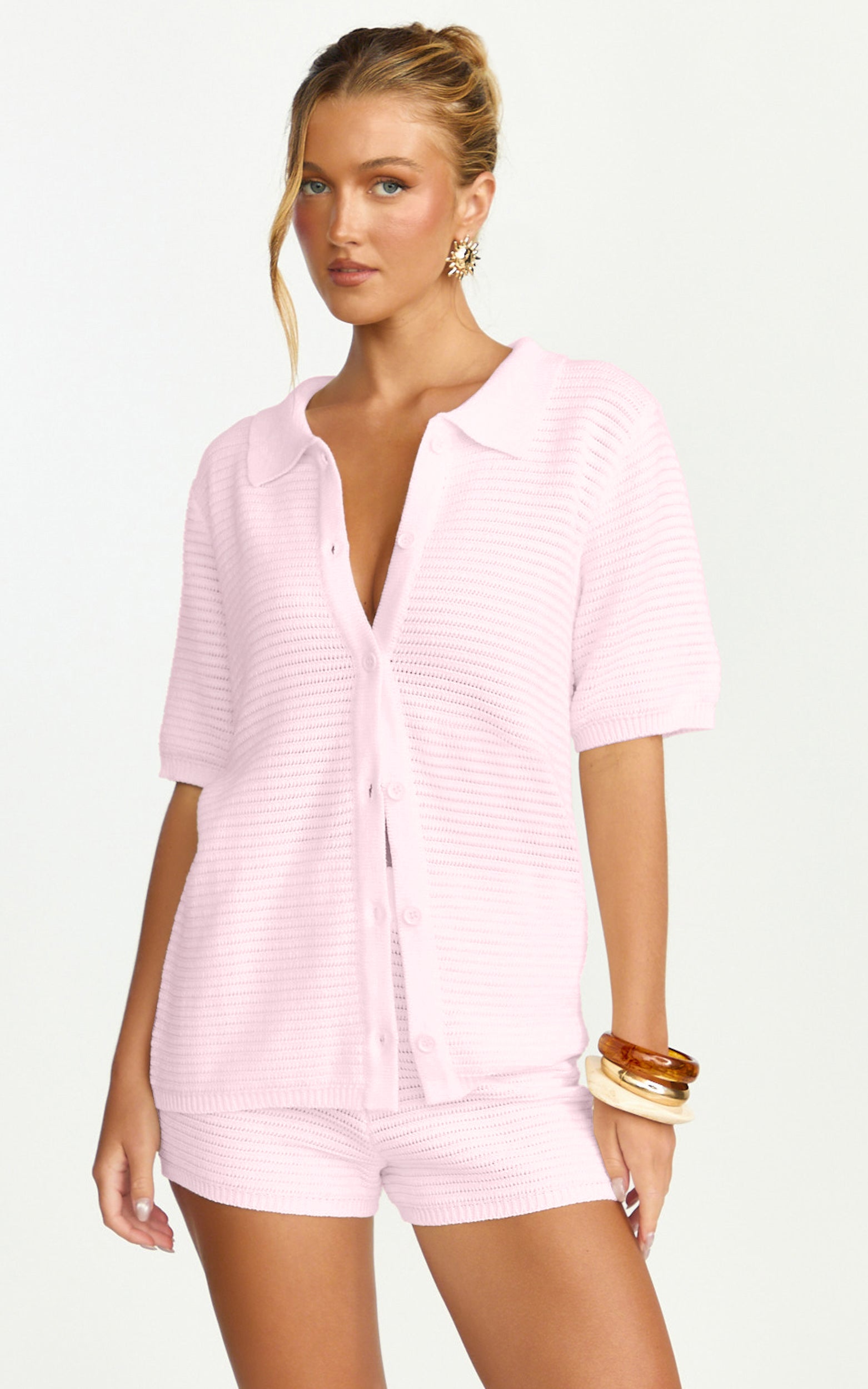 Vivi Two Piece Top and Shorts Set - Crochet Shirt and Shorts Set in Pink