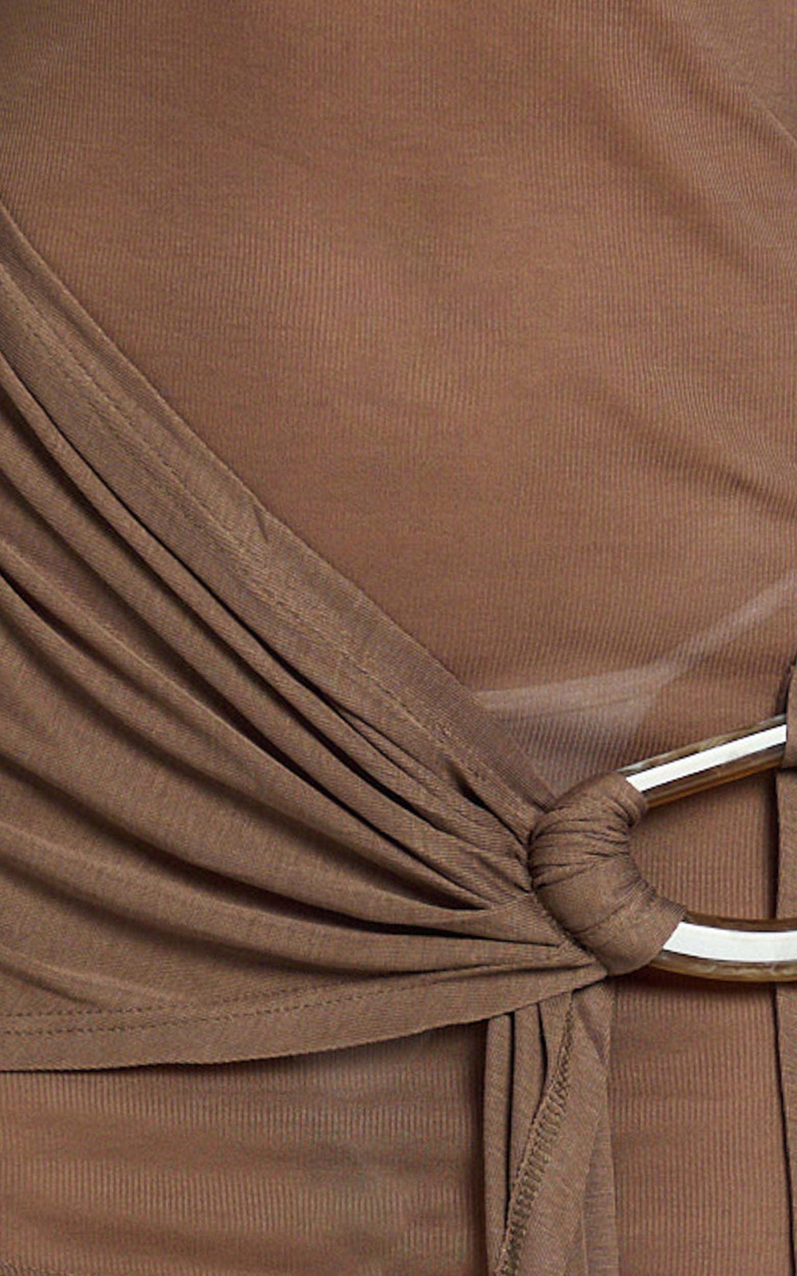Walters Mini Dress - Polo Neck Long Sleeve Ruche Sash Band Jersey Dress in Brown